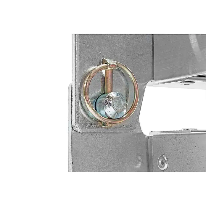Hymer Arbeitsplattform Alu Diele Teleskopdiele Telesteg 1,24-4m Länge - Aluminium - Verzinkter Metall-Steckbolzen mit Zugring, der zwei graue Metallteile sichert. Ein Bolzen ist sichtbar.