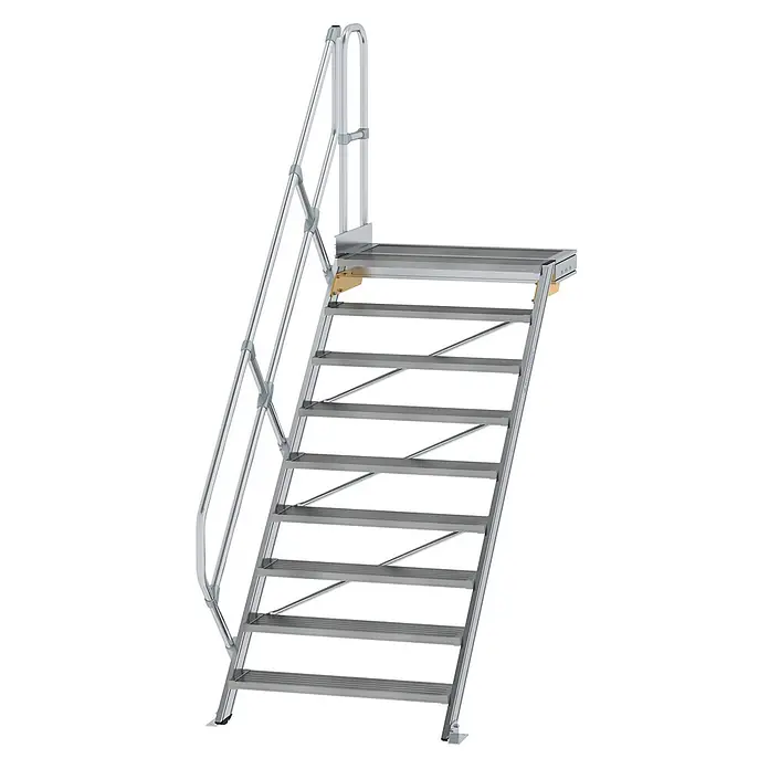 Munk Außentreppe Treppe mit Plattform 45° inkl. einen Handlauf, 1000mm Stufenbreite, 9 Stuf - Anzahl Steigungen: 9 Stk. - Silbernes Aluminium-Industriezugangstreppensystem mit Geländer und oberer Plattform.