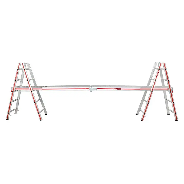 Hymer Arbeitsplattform Alu Diele Teleskopdiele Telesteg 1,24-4m Länge - Aluminium - Aluminium HYMER Arbeitsplattform mit zwei Leitern und verstellbarer, rot akzentuierter Gerüstbohle.
