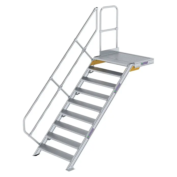 Munk Außentreppe Treppe mit Plattform 45° inkl. einen Handlauf, 1000mm Stufenbreite, 9 Stuf - Anzahl Steigungen: 9 Stk. - Modulare silberne Aluminium-Zugangstreppe mit Plattform und Geländern.