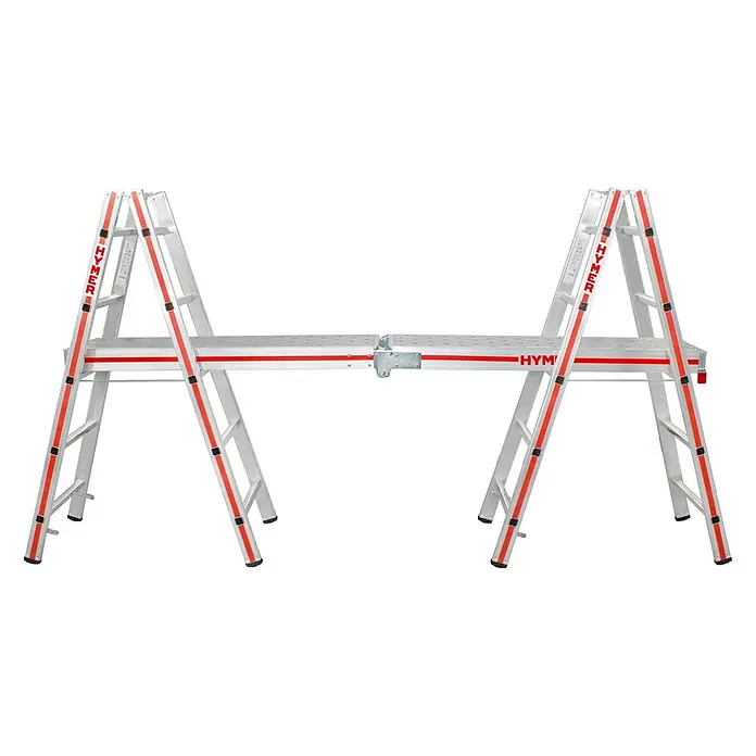 Hymer Arbeitsplattform Alu Diele Teleskopdiele Telesteg 1,24-4m Länge - Aluminium - HYMER Aluminium-Arbeitsplattform mit roten Akzenten. Faltbares Gerüst für vielseitige Höhenarbeiten.