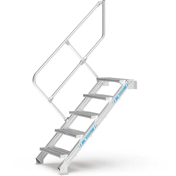 Zarges Außentreppe Treppe 45° 600mm Stufenbreite 5 Stufen - 60 cm, Anzahl Steigungen: 5 Stk. - Silberne Metall-Zugangstreppe mit Handlauf und 5 Stufen, für robusten Industrieeinsatz.