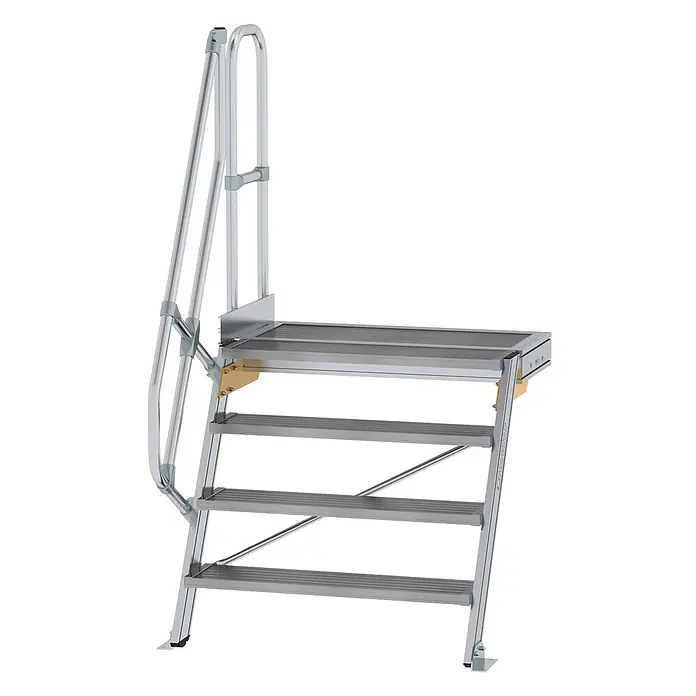 Munk Außentreppe Treppe mit Plattform 60° inkl. einen Handlauf, 1000mm Stufenbreite, 4 Stuf - Anzahl Steigungen: 4 Stk. - Silber-graue Aluminium-Zugangstreppe mit rutschfesten Trittflächen und integriertem Geländer.
