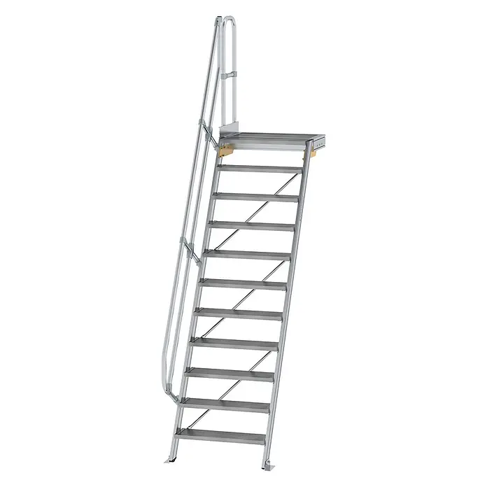Munk Außentreppe Treppe mit Plattform 60° inkl. einen Handlauf, 800mm Stufenbreite, 11 Stuf - Anzahl Steigungen: 11 Stk. - Silberne Aluminium-Zugangstreppe mit zehn Stufen, einer Plattform und einem Handlauf für sicheren erhöhten Zugang.