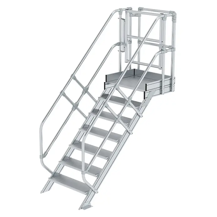 MUNK Treppen-Modul 1460mm Plattformoberkante Aluminium geriffelt 7 Stufen -  - Modulare silberne Aluminium-Zugangstreppe mit rutschfesten Stufen, Sicherheitsgeländern und erhöhter Arbeitsplattform.