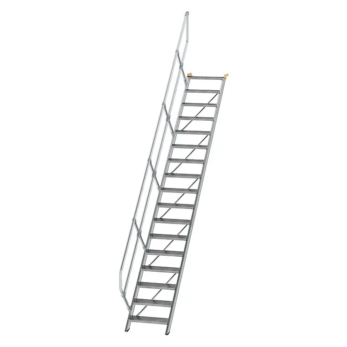 Munk Außentreppe Treppe 45° inkl. einen Handlauf, 600mm Stufenbreite, 17 Stufen - Anzahl Steigungen: 17 Stk. - Silberfarbene Metall-Zugangsleiter mit mehreren Stufen und einem einseitigen Handlauf.