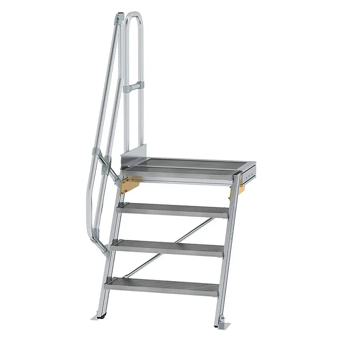 Munk Außentreppe Treppe mit Plattform 60° inkl. einen Handlauf, 800mm Stufenbreite, 4 Stufe -  - Modulare Aluminium-Zugangstreppe mit Plattform und Handläufen in Silbergrau.