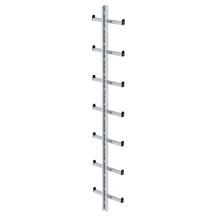 Munk Einholmleiter Einholmleiter Aluminium Länge 1,96m - Aluminium - Silbernes Metallregal mit mehreren horizontalen Armen und schwarzen Schutzkappen.