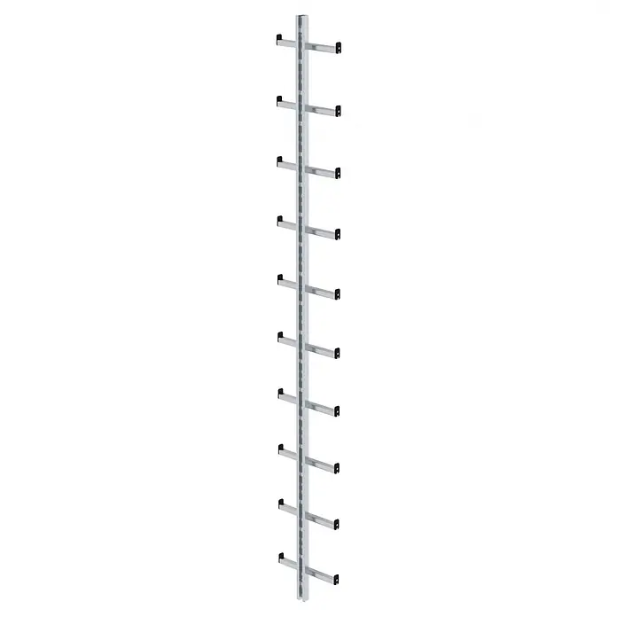 Munk Einholmleiter Einholmleiter Aluminium Länge 2,80m - Aluminium - Silberfarbene vertikale Wandleiste mit mehreren horizontalen Tragarmen und schwarzen Schutzkappen.