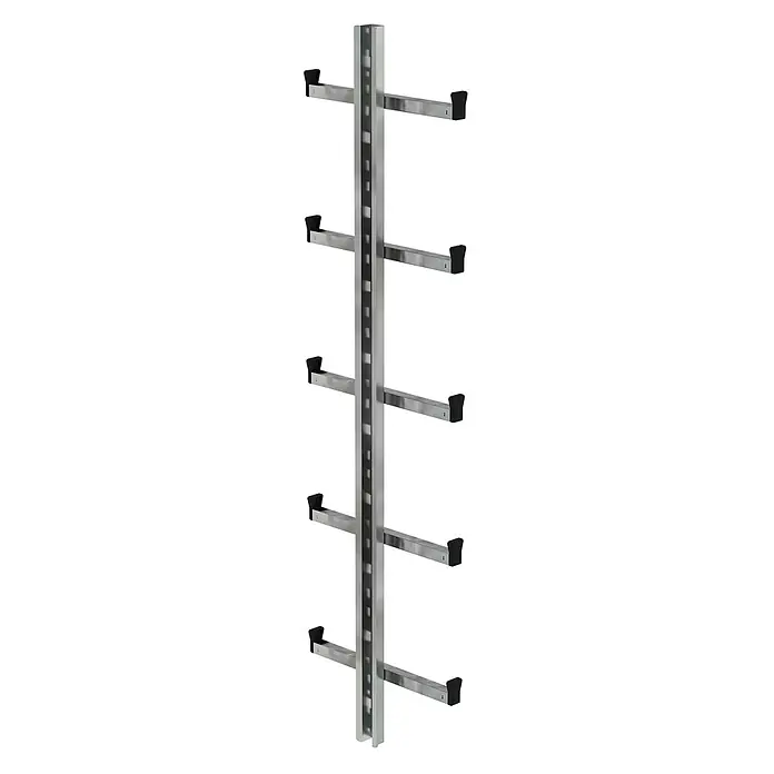 Munk Einholmleiter Einholmleiter Stahl verzinkt Länge 1,40m - Stahl - Vertikales Regal aus silbernem Metall mit mehreren horizontalen Tragarmen und schwarzen Endkappen, für Lagerung oder Präsentation.