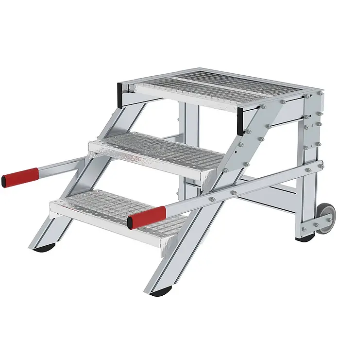 Munk Arbeitsplattform Arbeitspodest fahrbar Stahl-Gitterrost 600mm Stufenbreite 3 Stufen - Anzahl Tritte: 3 Stk., Arbeitshöhe: 2.600 m, Aluminium - Silberfarbene dreistufige Aluminium-Arbeitsplattform mit rutschfesten Gitterstufen, roten Griffen und integrierten Rädern für leichte Mobilität.