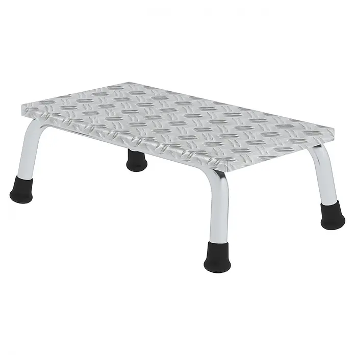 Munk Arbeitsplattform Arbeitspodest starr 1 Stufe - Anzahl Tritte: 1 Stk., Arbeitshöhe: 2.200 m, Aluminium - Aluminium Riffelblech-Trittstufe mit silbernen Beinen und schwarzen Gummifüßen.