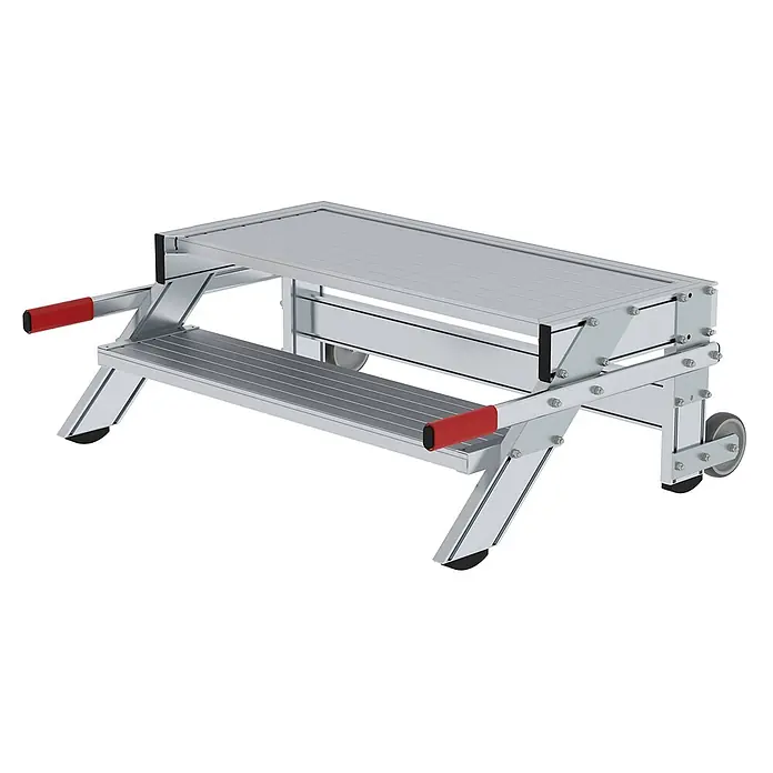MUNK Arbeitspodest fahrbar Aluminium geriffelt 1000mm Stufenbreite 2 Stufen -  - Zweistufige Aluminium-Arbeitsplattform mit roten Griffen und Rollen.