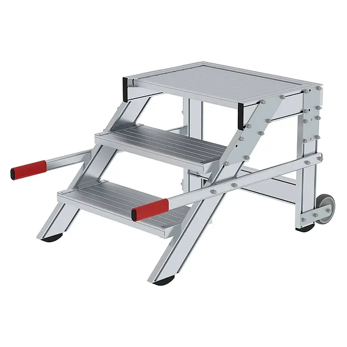 Munk Arbeitsplattform Arbeitspodest fahrbar Aluminium geriffelt 600mm Stufenbreite 3 Stufen - Anzahl Tritte: 3 Stk., Arbeitshöhe: 2.600 m, Aluminium - Silberne Aluminium-Arbeitsplattform mit 3 Stufen, roten Griffen, schwarzen Antirutschfüßen und Transporträdern.