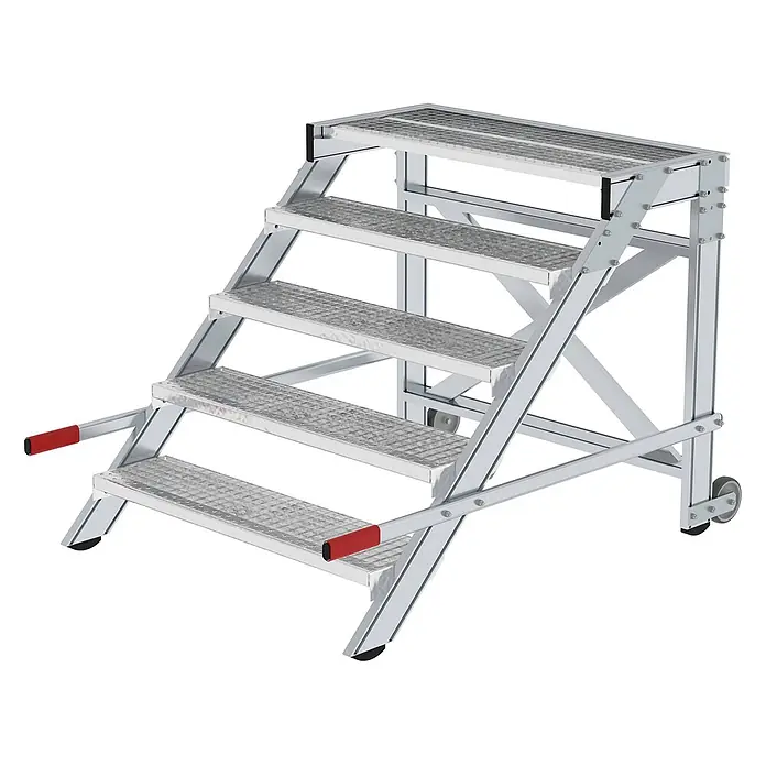 Munk Arbeitsplattform Arbeitspodest fahrbar Stahl-Gitterrost 1000mm Stufenbreite 5 Stufen - Anzahl Tritte: 5 Stk., Arbeitshöhe: 3.000 m, Aluminium - Mobile Arbeitsplattform aus Aluminium mit fünf rutschfesten Stufen, roten Griffen und Rollen für den Industrieeinsatz.
