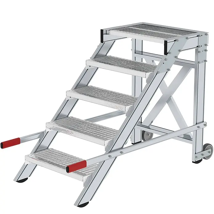 Munk Arbeitsplattform Arbeitspodest fahrbar Stahl-Gitterrost 600mm Stufenbreite 5 Stufen - Anzahl Tritte: 5 Stk., Arbeitshöhe: 3.000 m, Aluminium - Fünfstufige industrielle Aluminium-Arbeitsplattform mit rutschfesten Gitterstufen, roten Griffen und Lenkrollen.