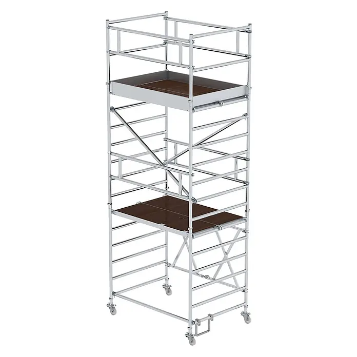 Munk Klappgerüst Klappgerüst 1,35x1,80m Plattform, 5,80m Arbeitshöhe - Arbeitshöhe: 5.800 m - Mehrstufiges Aluminium-Rollgerüst mit dunklen Holzplattformen.