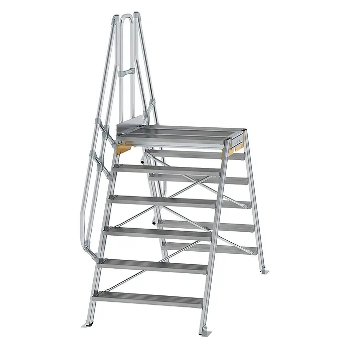 Munk Doppel-Stehleiter Überstieg 60° inkl. einen Handlauf, Stufenbreite 1000mm, 2x6 Stufen - Anzahl Tritte: 6 Stk., Aluminium - Silber-graue Aluminium-Zugangstreppe mit Plattform und Handlauf für sicheren erhöhten Zugang.