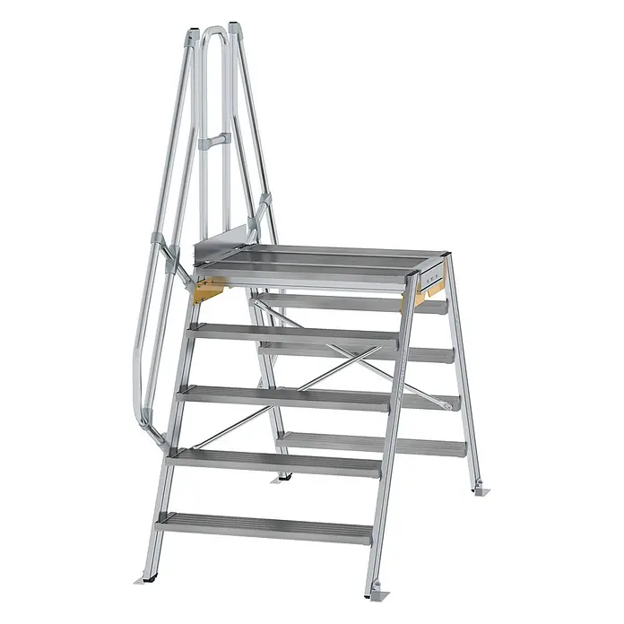 Munk Doppel-Stehleiter Überstieg 60° inkl. einen Handlauf, Stufenbreite 1000mm, 2x5 Stufen - Anzahl Tritte: 5 Stk., Aluminium - Silberne, tragbare Aluminium-Zugangsplattform mit 5 Stufen und integrierten Handläufen.