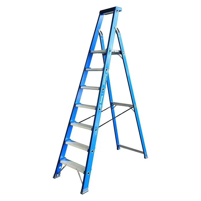 ASC Doppel-Stehleiter Premium- Stufenstehleiter BT-7 einseitig 7 Stufen mit 3,76m Arbeitshöhe - Anzahl Tritte: 7 Stk., Arbeitshöhe: 3.760 m, Aluminium - Blaue, mehrstufige Aluminium-Klappleiter für verschiedene Aufgaben.