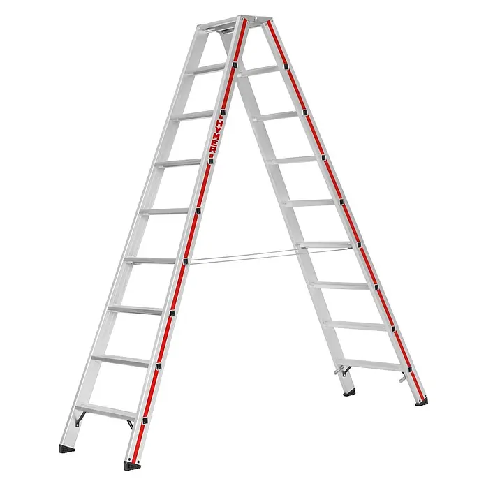 Hymer Stehleiter Stufenstehleiter mit Alu-Druckguss Gelenk 2x10 Stufen - Anzahl Tritte: 10 Stk., Arbeitshöhe: 3.850 m, Belastbarkeit: 150 kg, Aluminium - Silberfarbene Aluminium-Doppelstehleiter mit roten Sicherheitsstreifen und schwarzen Antirutschfüßen.