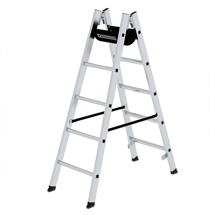 Munk Doppel-Stehleiter Sprossenstehleiter 2x5 Sprossen - Anzahl Tritte: 5 Stk., Arbeitshöhe: 2.600 m, Aluminium - Silberne Aluminium-Klappleiter mit schwarzen Anti-Rutsch-Füßen und stabilisierendem Gurt, einsatzbereit.