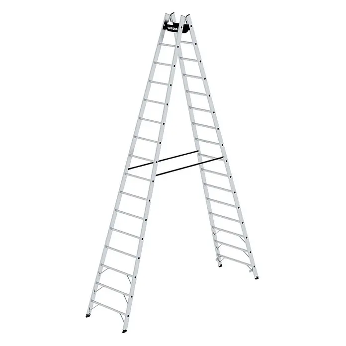 Munk Doppel-Stehleiter Sprossenstehleiter 2x16 Sprossen - Anzahl Tritte: 16 Stk., Arbeitshöhe: 5.900 m, Aluminium - Silberne Aluminium-Mehrzweckleiter mit schwarzen Sicherheitsstangen.