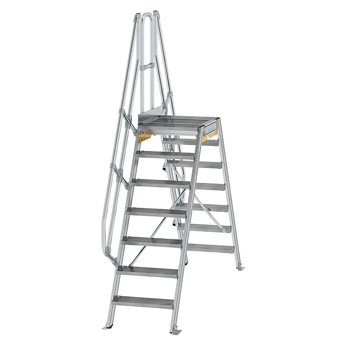 Munk Doppel-Stehleiter Überstieg 60° inkl. einen Handlauf, Stufenbreite 600mm, 2x7 Stufen - Anzahl Tritte: 7 Stk., Aluminium - Silberne industrielle Aluminium-Stehleiter mit Plattform und Handläufen, für sicheren Zugang zu erhöhten Arbeitsbereichen.