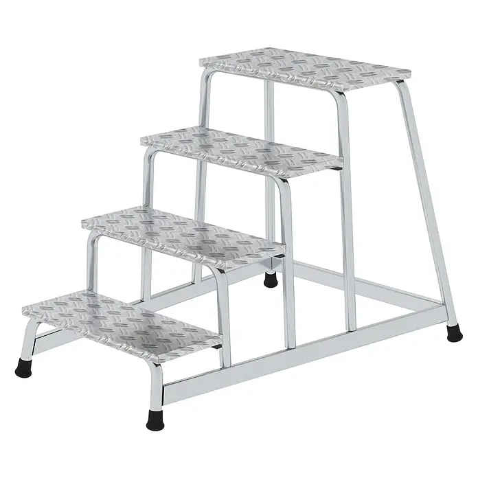 MUNK Arbeitspodest starr 4 Stufen -  - Silberne Aluminium-Trittleiter mit 4 Stufen, rutschfesten Trittblechen und schwarzen Gummifüßen.