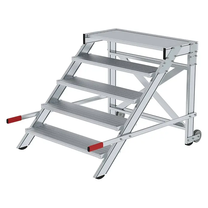 Munk Arbeitsplattform Arbeitspodest fahrbar Aluminium geriffelt 1000mm Stufenbreite 5 Stufen - Anzahl Tritte: 5 Stk., Arbeitshöhe: 3.000 m, Aluminium - Silberne Aluminium-Arbeitsplattform mit 5 Stufen, Rollen, roten Griffen und rutschfesten Trittflächen.
