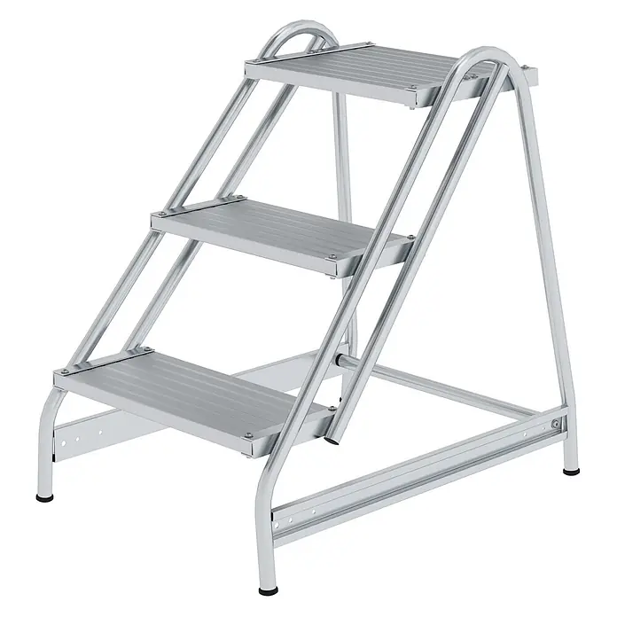 Munk Arbeitsplattform Aluminium Arbeitspodest 3 Stufen - Anzahl Tritte: 3 Stk., Arbeitshöhe: 2.700 m, Aluminium - Silberne Aluminium-Dreistufentreppe mit rutschfesten Rillenstufen und Handläufen.