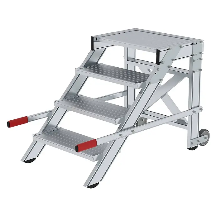 Munk Arbeitsplattform Arbeitspodest fahrbar Aluminium geriffelt 600mm Stufenbreite 4 Stufen - Anzahl Tritte: 4 Stk., Arbeitshöhe: 2.800 m, Aluminium - Tragbare, silbergraue Aluminium-Arbeitsplattform mit vier Stufen, roten Griffen, rutschfesten Trittflächen und Hinterrädern zur einfachen Mobilität.