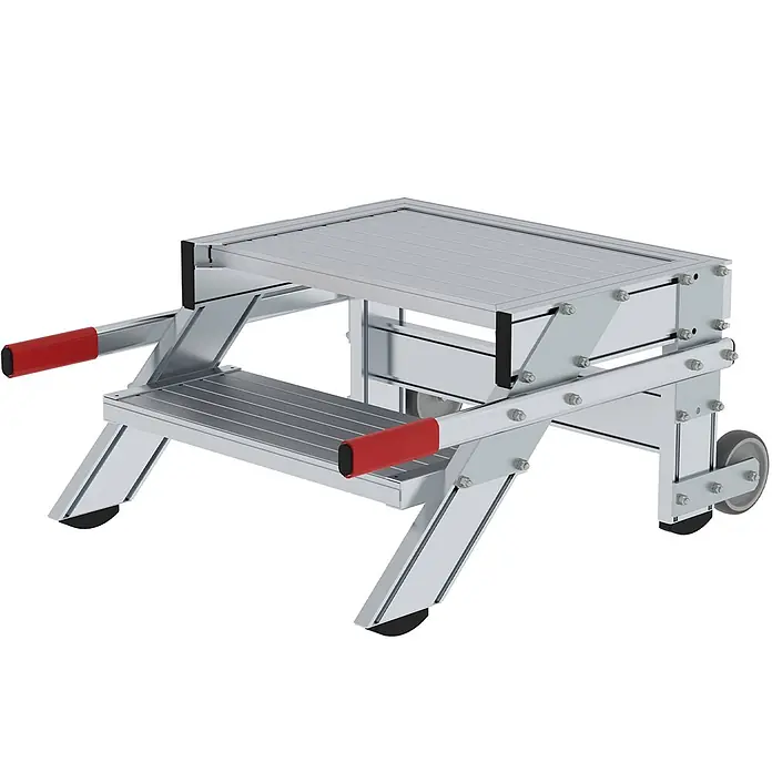 Munk Arbeitsplattform Arbeitspodest fahrbar Aluminium geriffelt 600mm Stufenbreite 2 Stufen - Anzahl Tritte: 2 Stk., Arbeitshöhe: 2.400 m, Aluminium - Silberner Aluminium-Doppeltritt mit geriffelten Stufen, roten Handgriffen und Rollen für Mobilität.