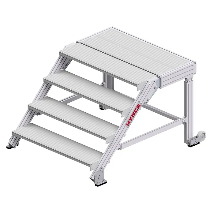 Hymer Klapptritt Treppenpodest mit großflächiger Plattform und 2 Rollen 1m Stufenbreite 4 - Anzahl Tritte: 4 Stk., Arbeitshöhe: 2.800 m, Belastbarkeit: 300 kg - Silberne Aluminium-Treppenplattform mit rutschfesten Stufen und oberer Plattform, mobil mit Rollen.