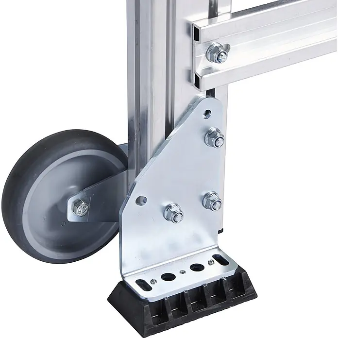 Zarges Klapptritt Treppenpodest 45° 1000mm Stufenbreite 2 Stufen - Anzahl Tritte: 2 Stk., Arbeitshöhe: 2.400 m, Aluminium - Aluminium-Leiterfuß mit grauem Rad, verzinkter Halterung und schwarzem Gummifuß.