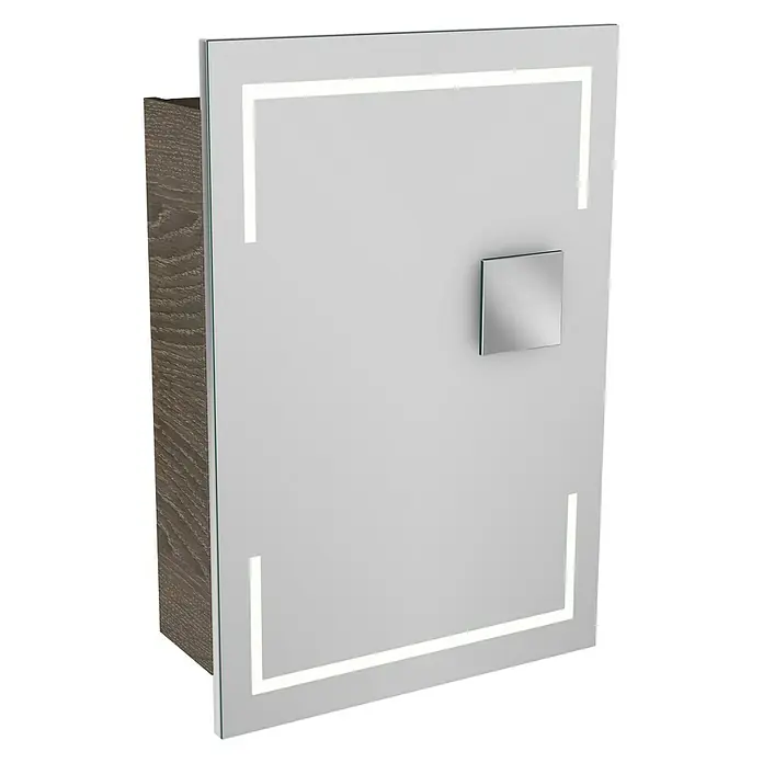 Camargue Stella LED-Spiegelschrank - B x H: 51 x 73,7 cm, Holz, Eiche Maron, DIN Anschlag: Links, Kantenausführung Tür: Eckig - Bild eines beleuchteten Spiegelschranks mit Holzrahmen und quadratischem Griff. Das schlichte Design passt gut in moderne Badezimmer.