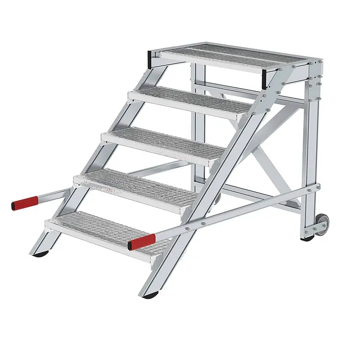 Munk Arbeitsplattform Arbeitspodest fahrbar Stahl-Gitterrost 800mm Stufenbreite 5 Stufen - Anzahl Tritte: 5 Stk., Arbeitshöhe: 3.000 m, Aluminium - Mobile 5-stufige Aluminium-Arbeitsplattform mit rutschfesten Trittstufen, roten Griffen und Rollen.