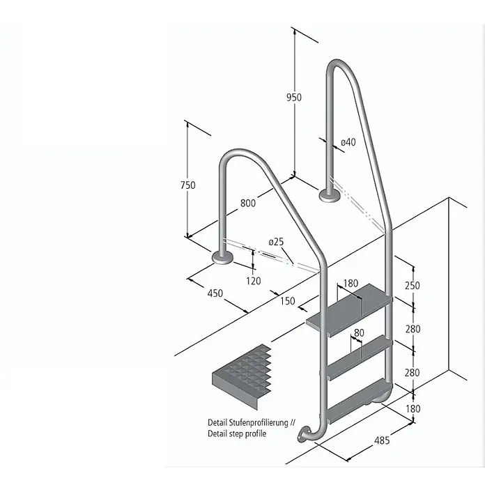 Ideal Eichenwald Anlegeleiter Poolleiter Modell 07 Marina Öffentlich Einbauhalterung Beckentiefe 780mm 2 - Anzahl Tritte: 2 Stk., Belastbarkeit: 120 kg, Edelstahl - Edelstahl Poolleiter mit drei rutschfesten Stufen und Handläufen für sicheren Ein- und Ausstieg.