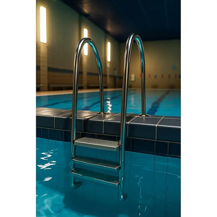 Ideal Eichenwald Anlegeleiter Poolleiter Modell 07 Marina Öffentlich Einbauhalterung Beckentiefe 780mm 2 - Anzahl Tritte: 2 Stk., Belastbarkeit: 120 kg, Edelstahl - Eine glänzende Chrom-Poolleiter mit drei Stufen, teilweise in einem blauen Schwimmbecken versenkt.