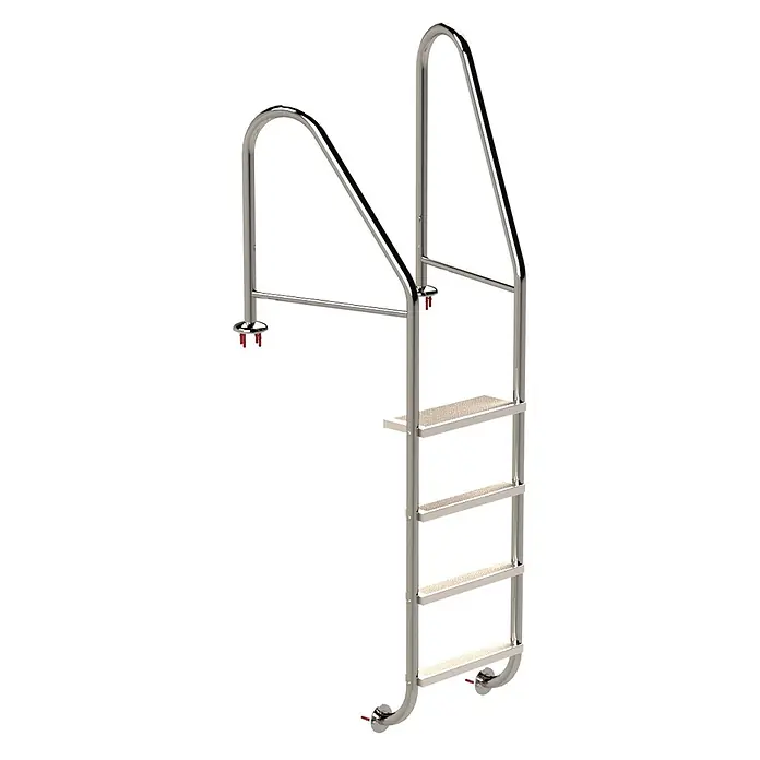 Ideal Eichenwald Anlegeleiter Poolleiter Modell 07 Marina Öffentlich Flanschmontage Beckentiefe 1340mm 4 - Anzahl Tritte: 4 Stk., Belastbarkeit: 120 kg, Edelstahl - Polierte Edelstahl-Schwimmbadleiter mit vier cremefarbenen rutschfesten Stufen und gebogenen Handläufen.