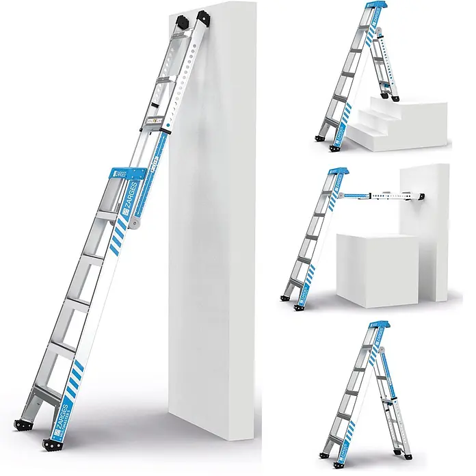 Zarges Anlegeleiter Multimaster 5 Kombileiter - Anzahl Tritte: 5 Stk., Arbeitshöhe: 3.700 m - ZARGES Multimaster 5 Aluminiumleiter in Silber und Blau, in verschiedenen Konfigurationen als Anlegeleiter, Stehleiter und Arbeitsplattform gezeigt.