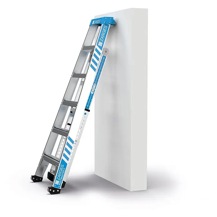 Zarges Anlegeleiter Multimaster 5 Kombileiter - Anzahl Tritte: 5 Stk., Arbeitshöhe: 3.700 m - Zarges Multimaster 5 Aluminiumleiter mit blauen Markierungen, an eine Wand gelehnt.