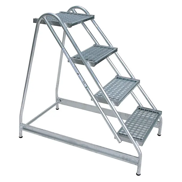 MUNK Aluminium Arbeitspodest 4 Stufen -  - Silberne Aluminium-Arbeitstreppe mit vier Gitterroststufen für den industriellen Einsatz.