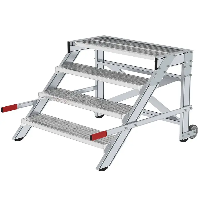 Munk Arbeitsplattform Arbeitspodest fahrbar Stahl-Gitterrost 1000mm Stufenbreite 4 Stufen - Anzahl Tritte: 4 Stk., Arbeitshöhe: 2.800 m, Aluminium - Mobile Arbeitsplattform aus silbernem Aluminium mit 4 Stufen, roten Griffen und Rädern zur einfachen Positionierung.