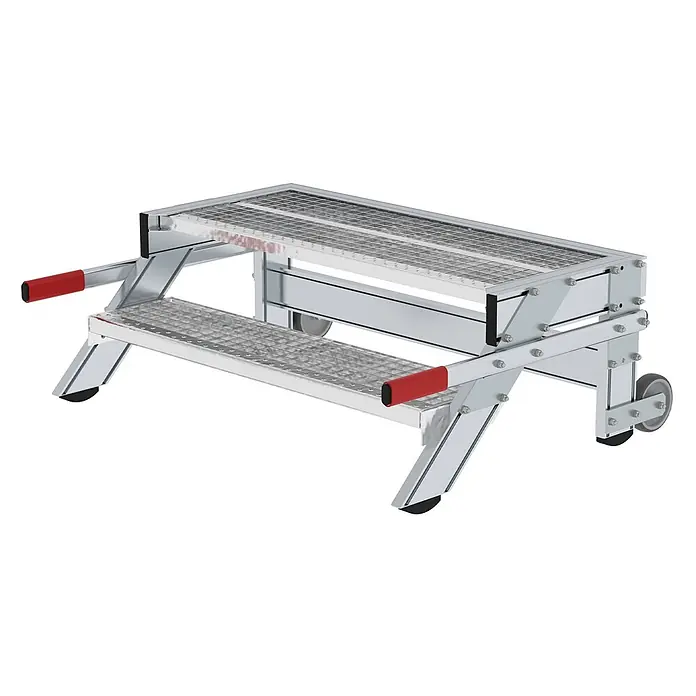 Munk Arbeitsplattform Arbeitspodest fahrbar Stahl-Gitterrost 1000mm Stufenbreite 2 Stufen - Anzahl Tritte: 2 Stk., Arbeitshöhe: 2.400 m, Aluminium - Silberne zweistufige Arbeitsplattform mit rutschfestem Gitter, roten Griffen und Rollen für einfache Mobilität.