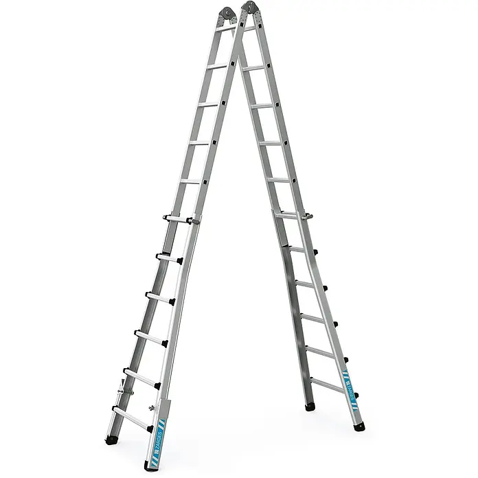 Zarges Anlegeleiter Teleskop-Mehrzweckleiter Variomax V 4x6 Sprossen - Anzahl Tritte: 6 Stk., Arbeitshöhe: 7.100 m, Aluminium - Silberne Aluminium-Mehrzweckleiter in A-Position aufgestellt, mit schwarzen Füßen und Sprossendetails.