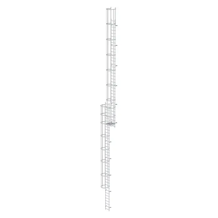 Munk Anlegeleiter ortsfeste Steigleitern Aluminium, 18,76m SH - Aluminium - Silbernes Industriekäfigleiter-System aus Metall für sicheren vertikalen Zugang.
