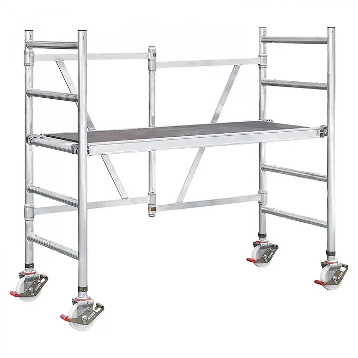Iller Leiter Klappgerüst Klappgerüst 1,70x0,75m Plattform ohne Durchstieg mit 3,00m AH - Arbeitshöhe: 3.000 m - Mobile Aluminium-Arbeitsplattform mit dunkler Arbeitsfläche und feststellbaren Lenkrollen.