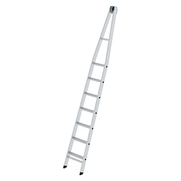 Munk Anlegeleiter Stufen-Glasreinigerleiter mit nivello-Traverse, 7-stufiges Oberteil - Anzahl Tritte: 7 Stk., Aluminium - Silberne Aluminium-Anlegeleiter mit rutschfesten Füßen und Rolle oben.