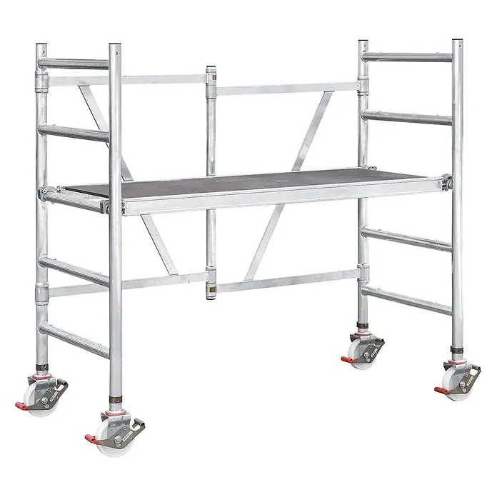 Iller Leiter Klappgerüst Klappgerüst 1,70x0,75m Plattform ohne Durchstieg mit 3,00m AH - Arbeitshöhe: 3.000 m - Mobiles Aluminium-Rollgerüst in Silber mit einer dunkelgrauen Plattform und vier Lenkrollen.